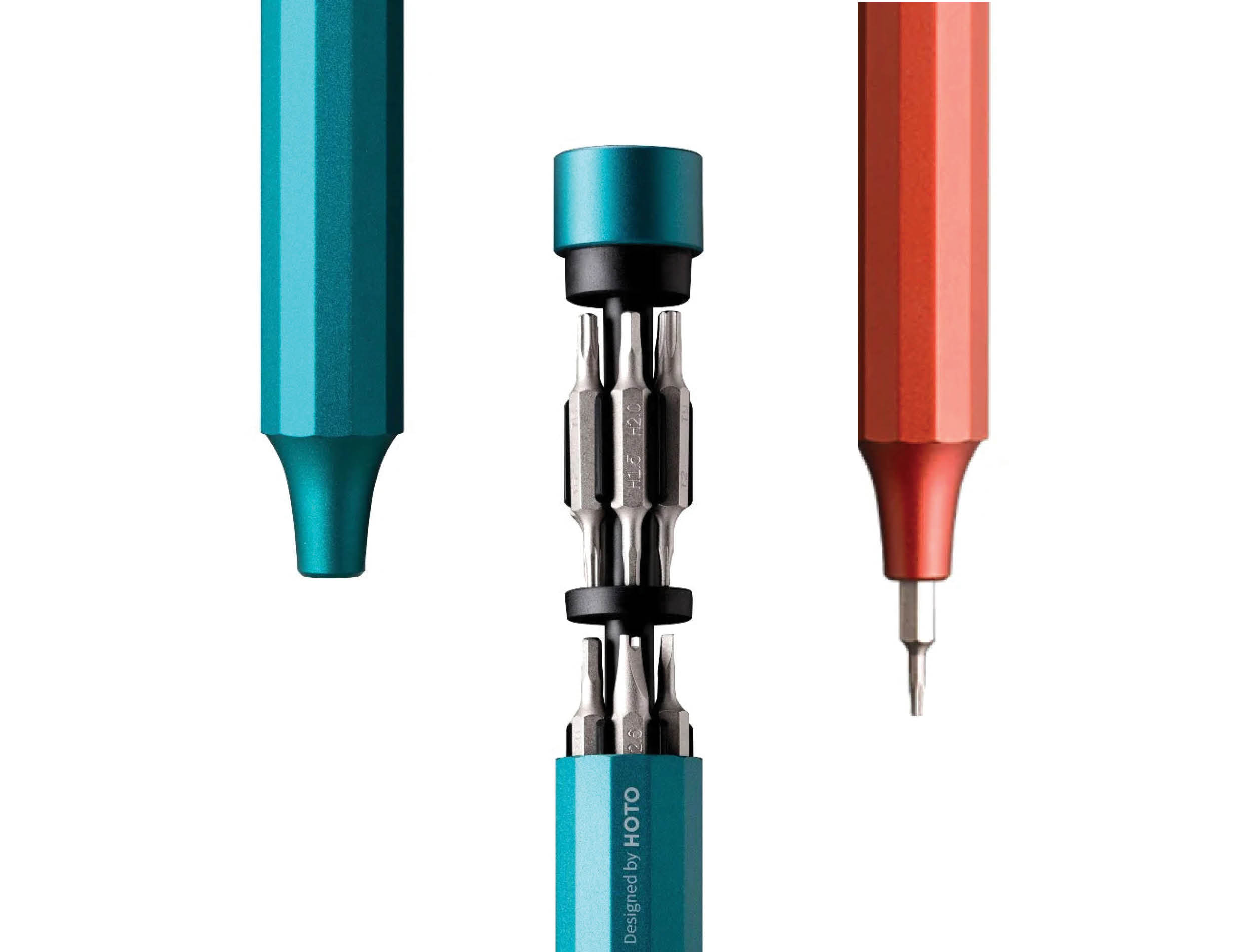 HOTO precision screwdriver opened to reveal tiny bits nestled in a cartridge.